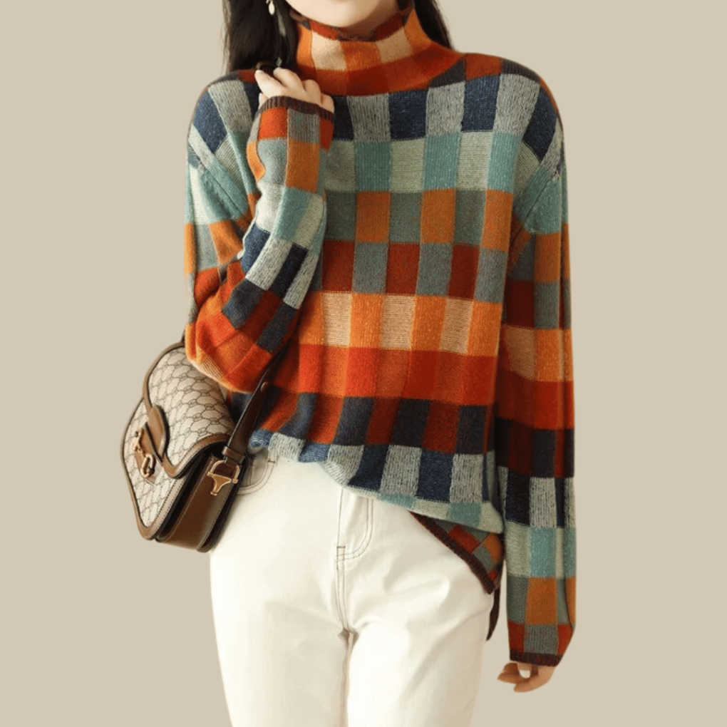 Maglione dolcevita in cashmere patchwork da donna