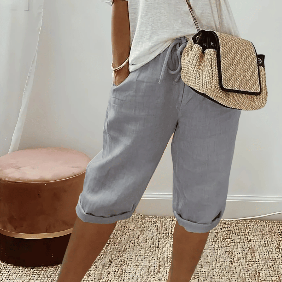 Pantaloncini harem in cotone e lino da donna, al ginocchio