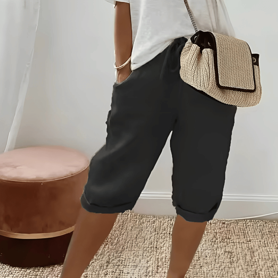 Pantaloncini harem in cotone e lino da donna, al ginocchio