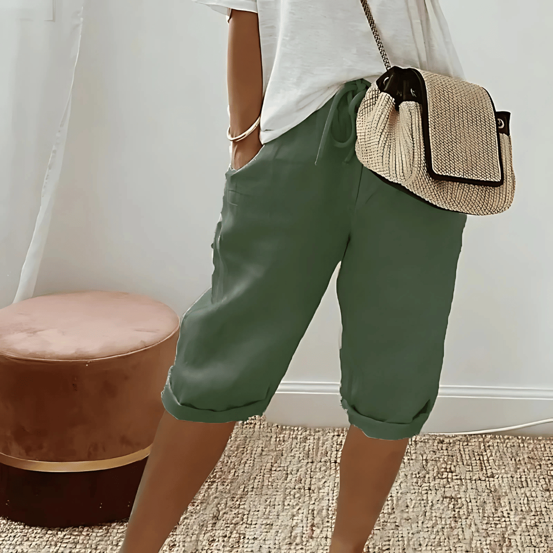 Pantaloncini harem in cotone e lino da donna, al ginocchio