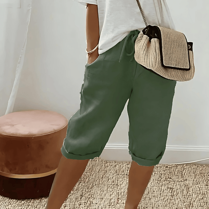 Pantaloncini harem in cotone e lino da donna, al ginocchio