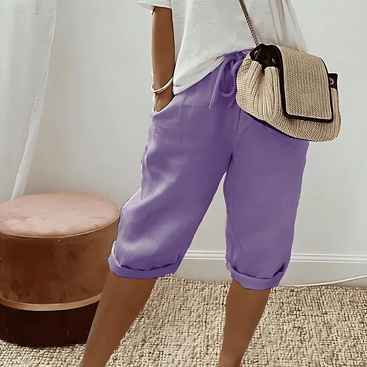 Pantaloncini harem in cotone e lino da donna, al ginocchio