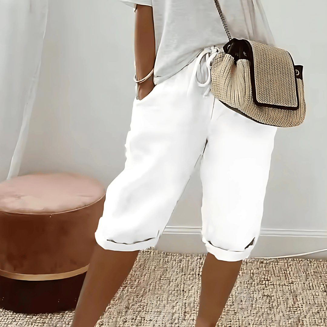 Pantaloncini harem in cotone e lino da donna, al ginocchio