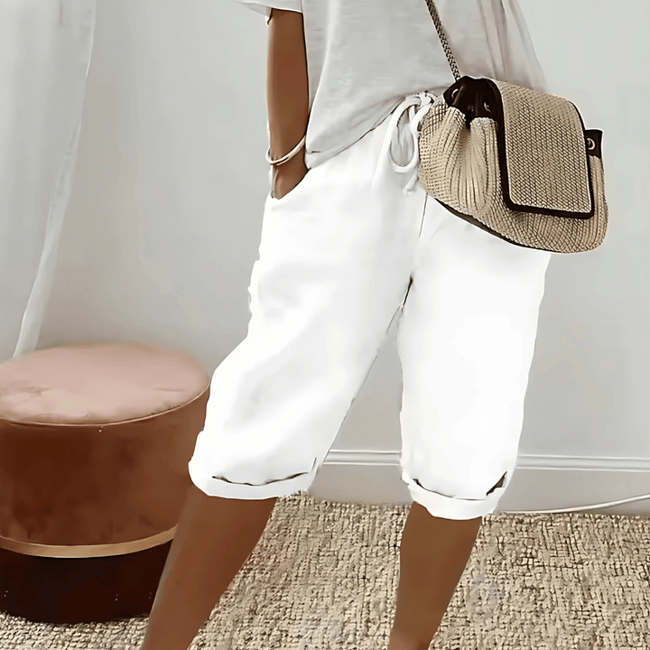 Pantaloncini harem in cotone e lino da donna, al ginocchio