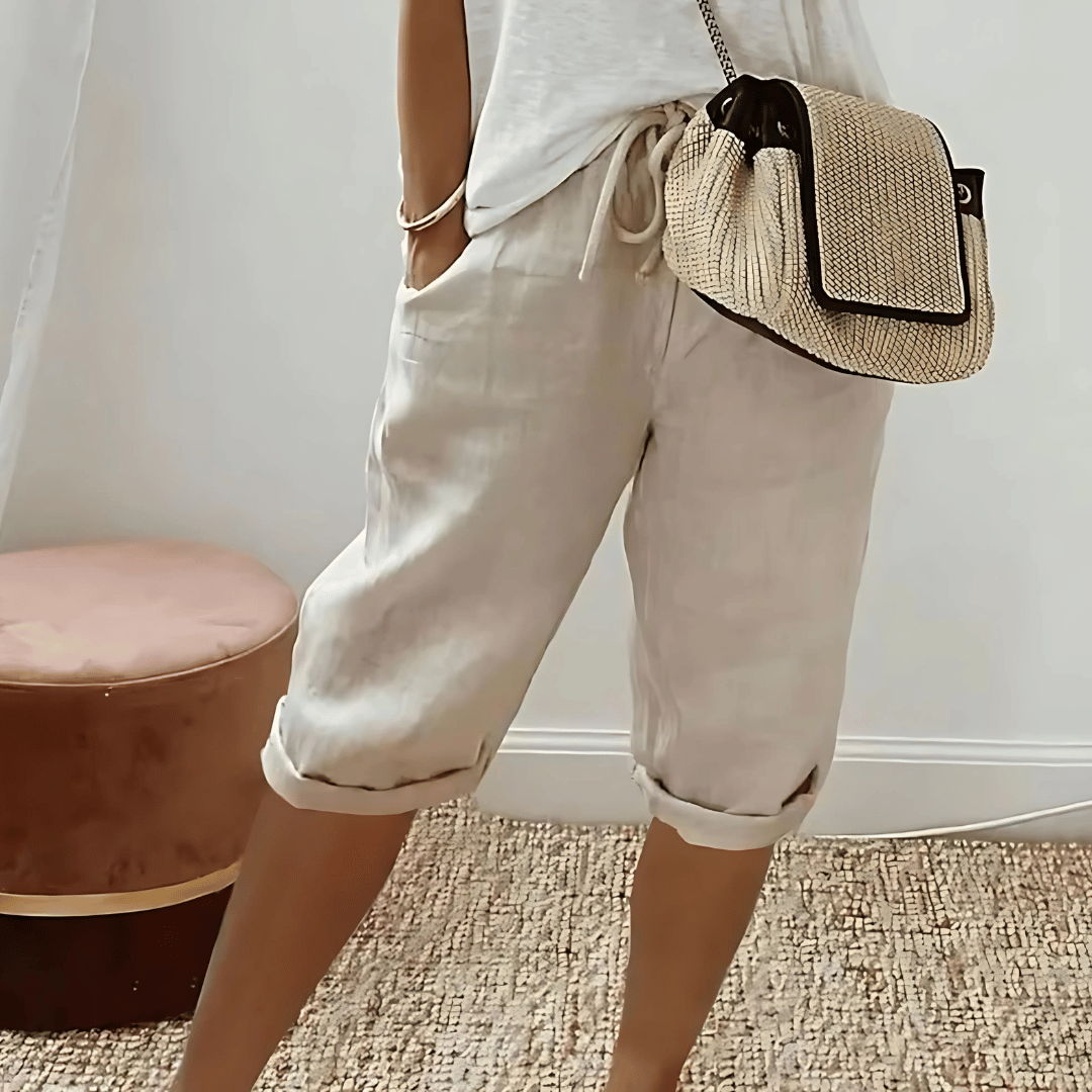 Pantaloncini harem in cotone e lino da donna, al ginocchio