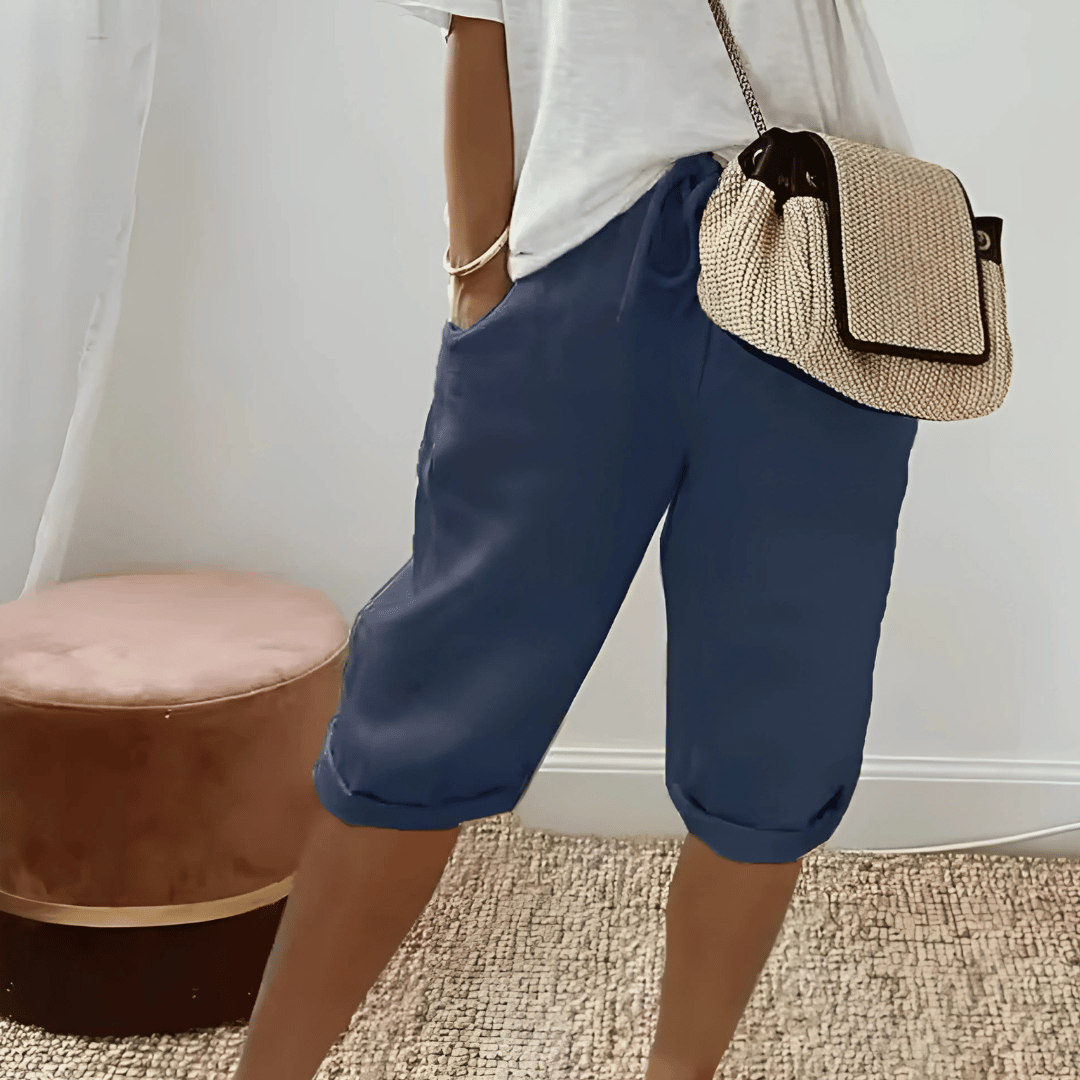 Pantaloncini harem in cotone e lino da donna, al ginocchio