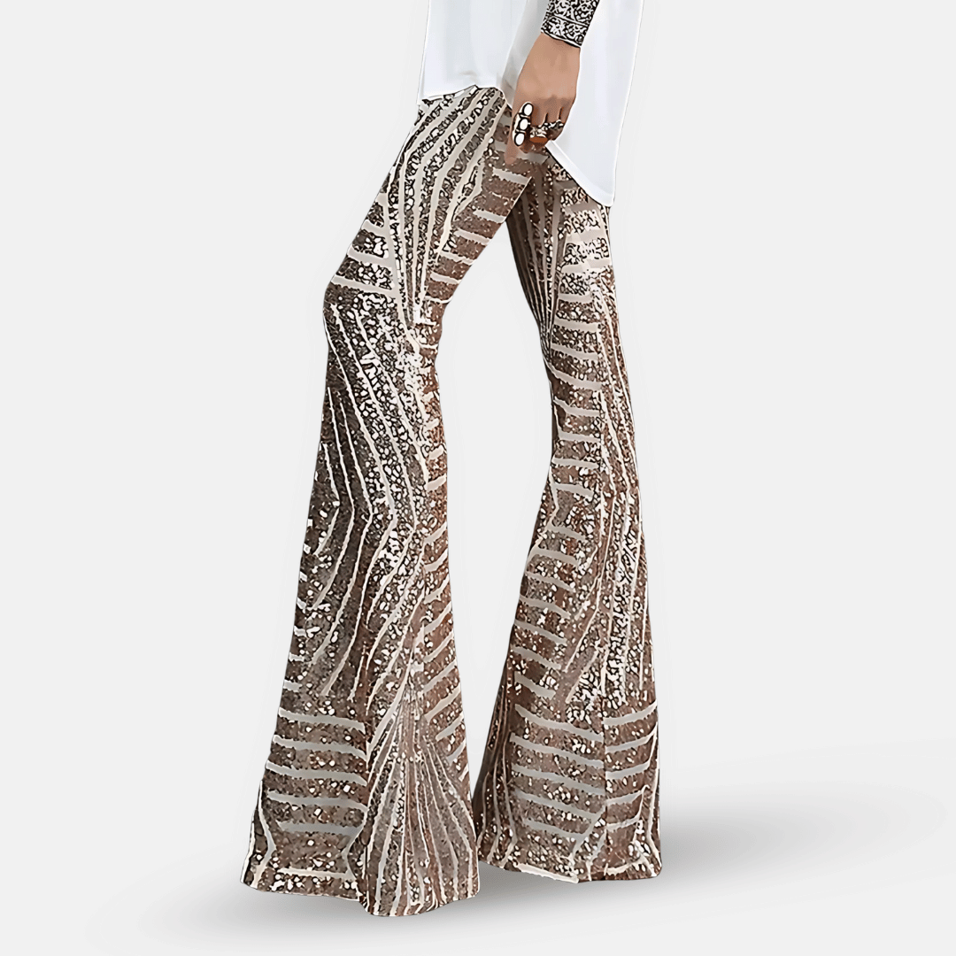 Pantaloni a zampa a vita alta con paillettes da donna