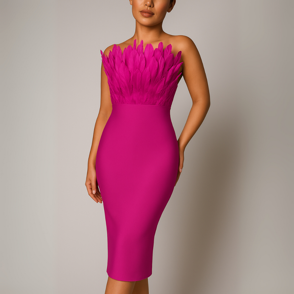 Abito midi senza spalline da donna con finiture in piume