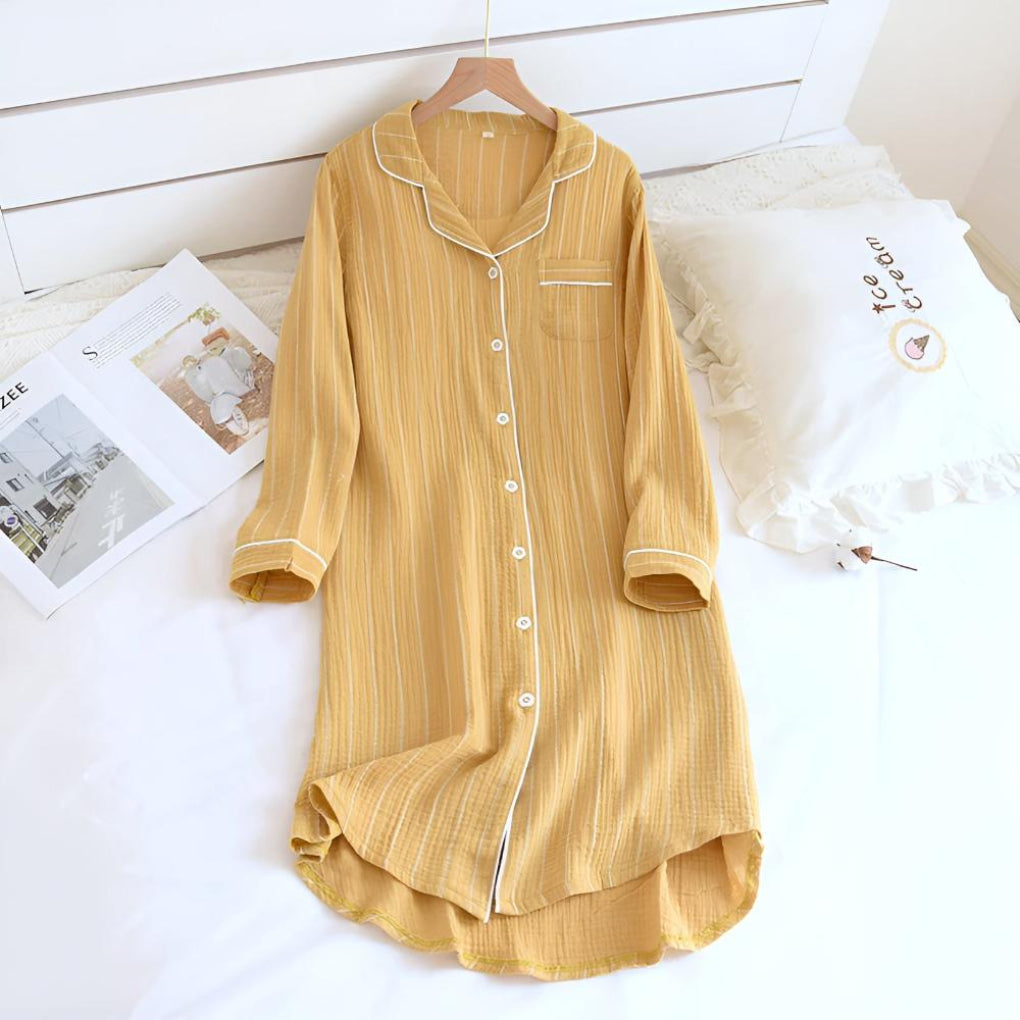 Camicia da notte leggera in garza di cotone a righe da donna