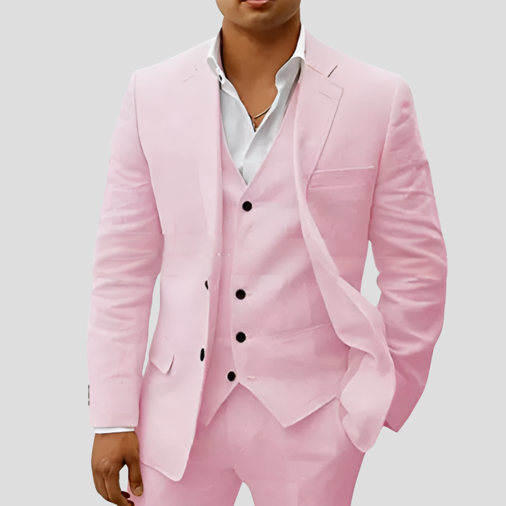 Completo in lino da uomo composto da tre pezzi: blazer, gilet e pantaloni