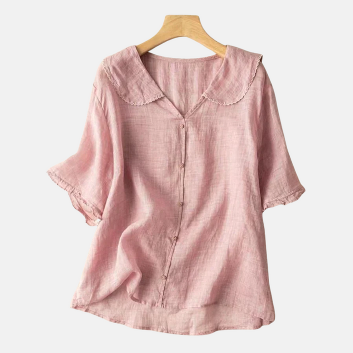 Camicia retrò in cotone e lino da donna con colletto a bambola