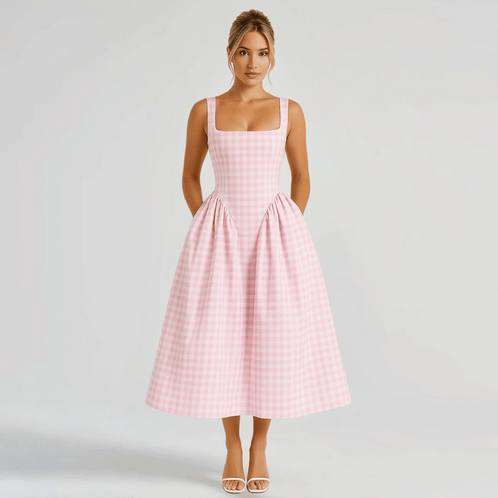 Abito midi con scollo quadrato a quadri