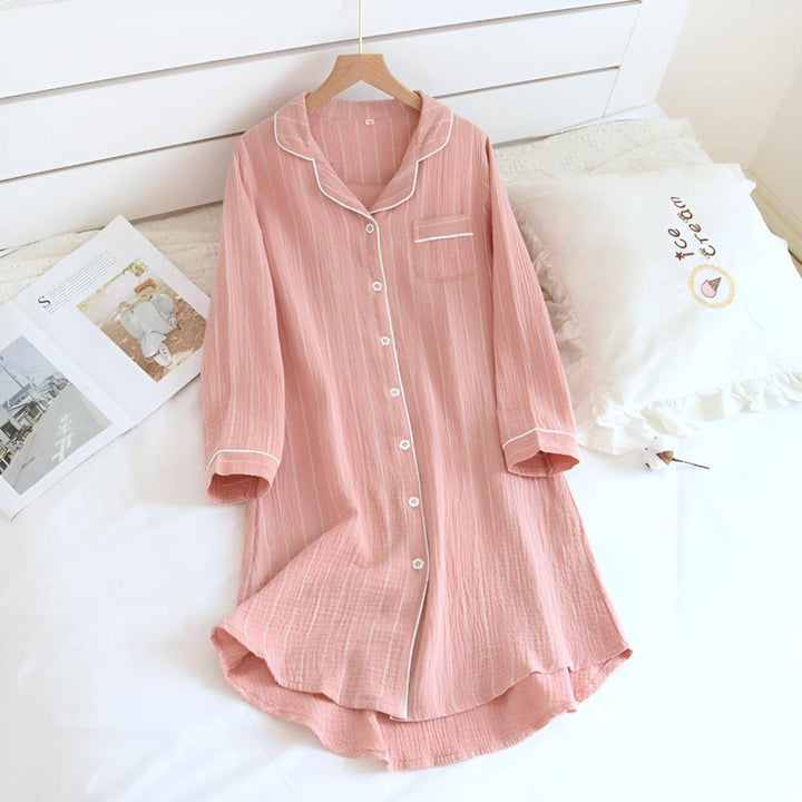 Camicia da notte leggera in garza di cotone a righe da donna