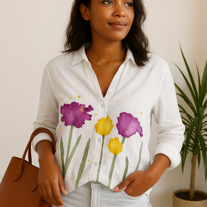 Camicia donna con scollo a V e stampa floreale e maniche lunghe