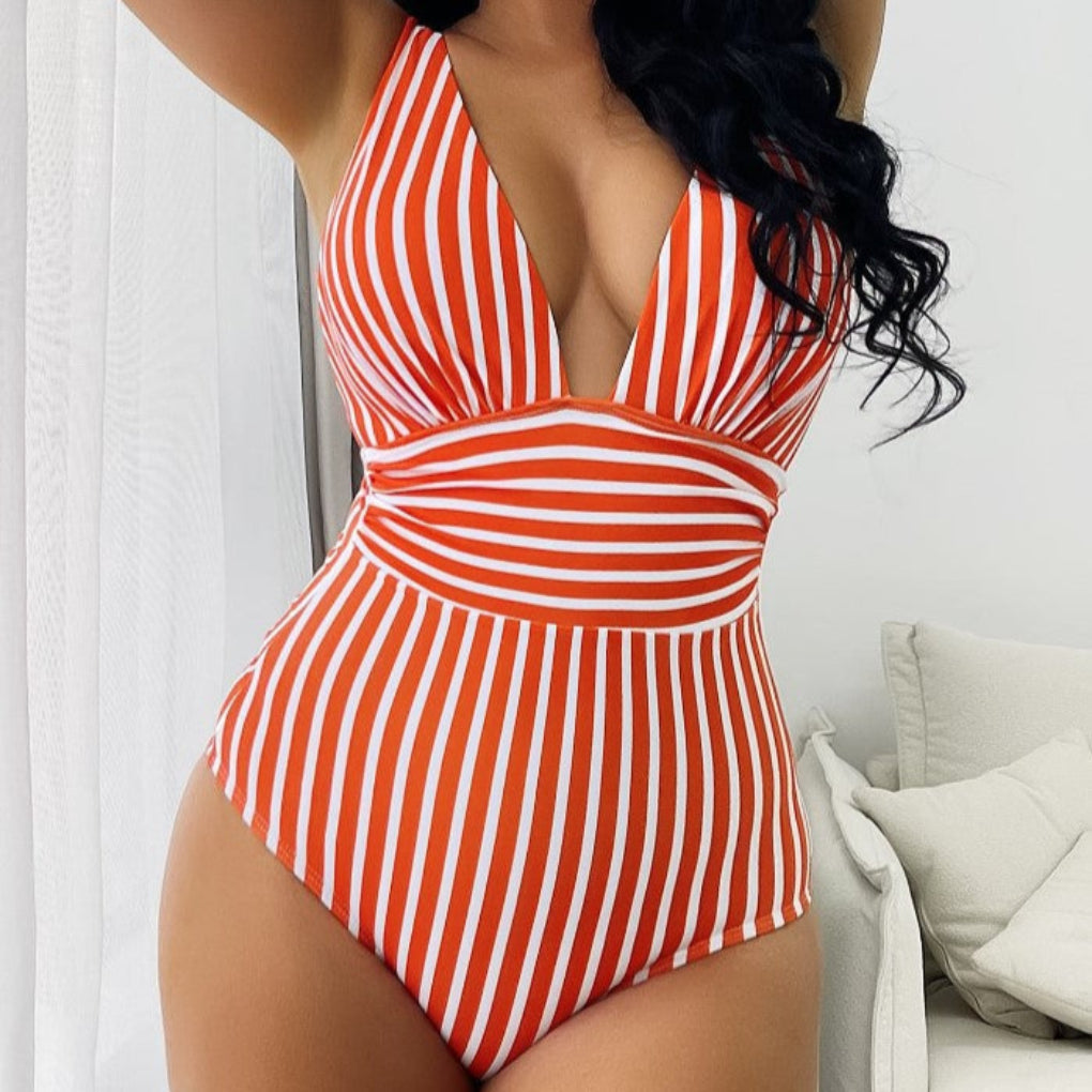 Costume da bagno intero a righe con scollo all'americana per donna