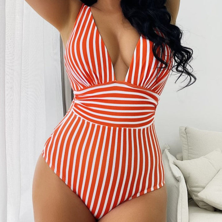 Costume da bagno intero a righe con scollo all'americana per donna
