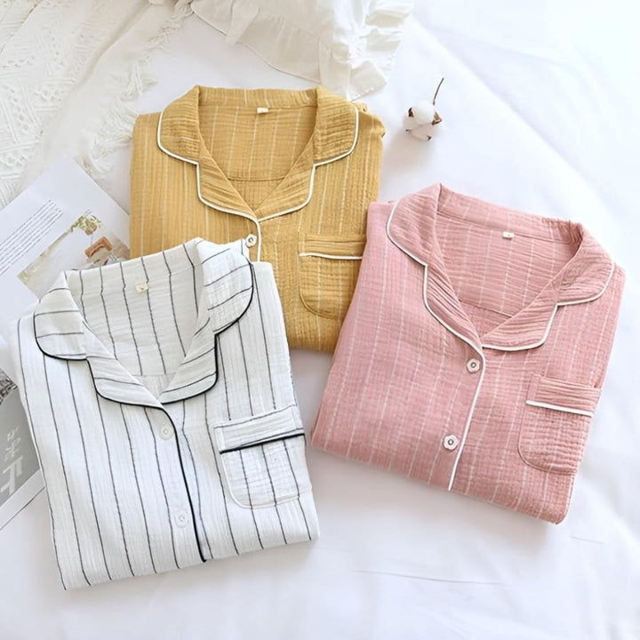 Camicia da notte leggera in garza di cotone a righe da donna