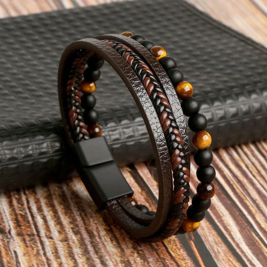 Bracciale da Uomo con Strati di Pelle e Perline di Pietra