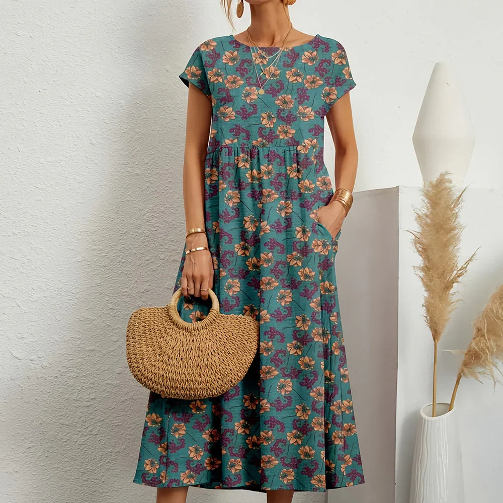 Abito midi casual da donna in misto cotone e lino