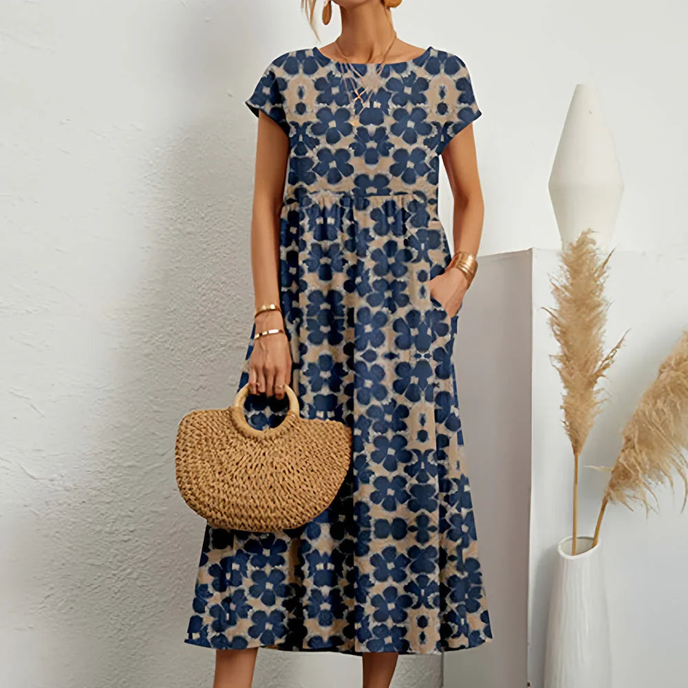 Abito midi casual da donna in misto cotone e lino