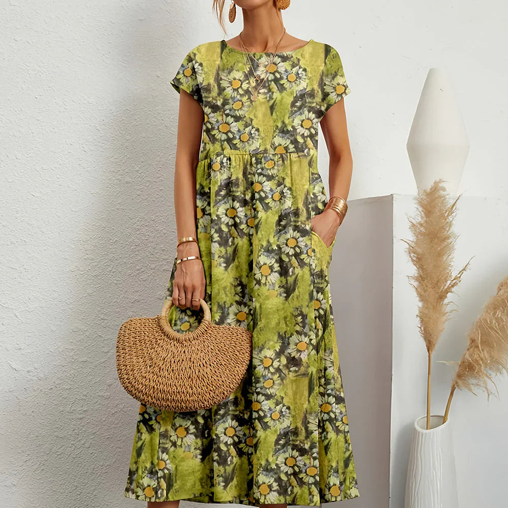 Abito midi casual da donna in misto cotone e lino