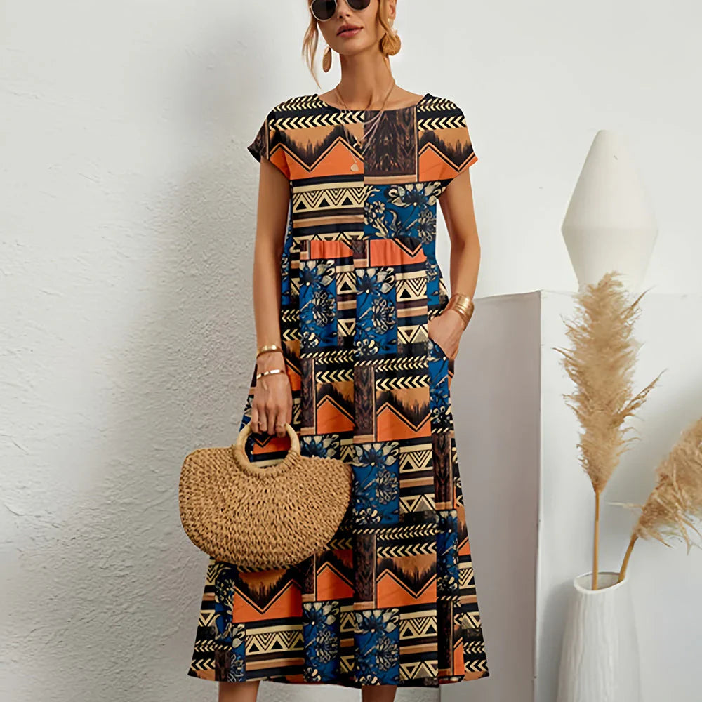 Abito midi casual da donna in misto cotone e lino