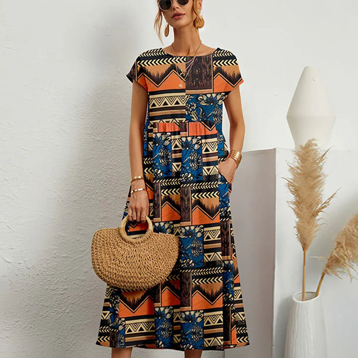 Abito midi casual da donna in misto cotone e lino