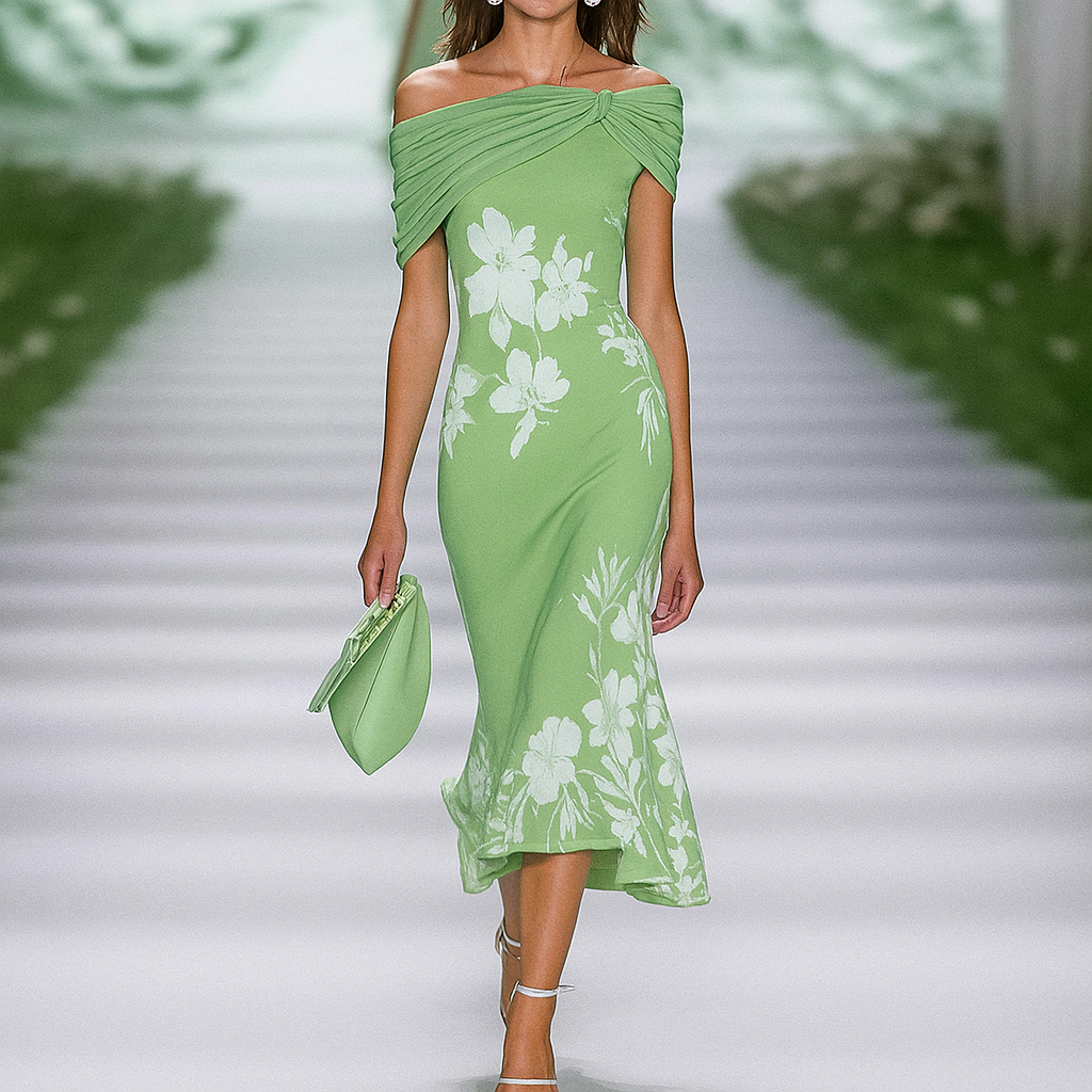 Abito floreale drappeggiato con spalle scoperte