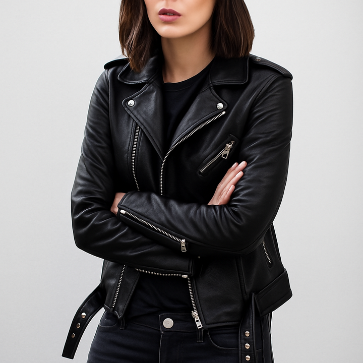 Giacca in pelle da motociclista slim fit da donna