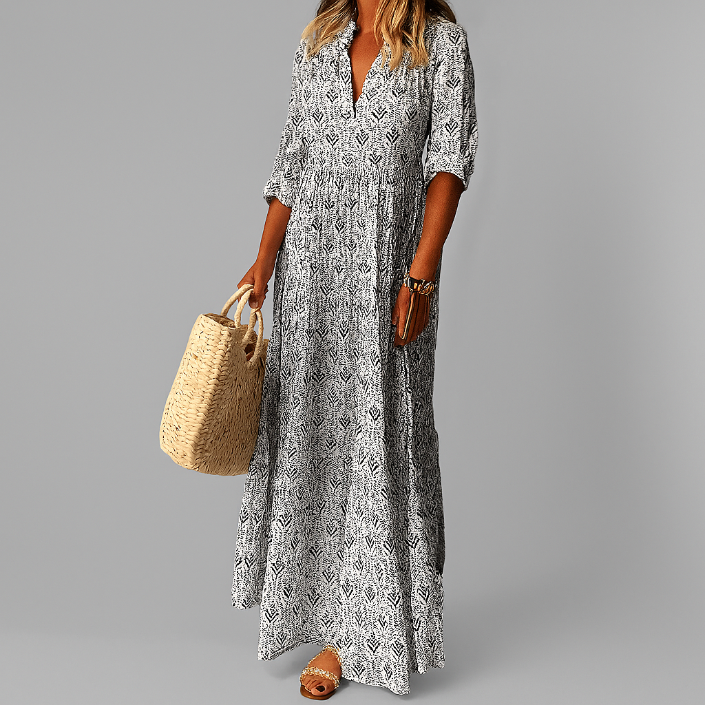 Abito lungo in cotone leggero con stampa vintage da donna