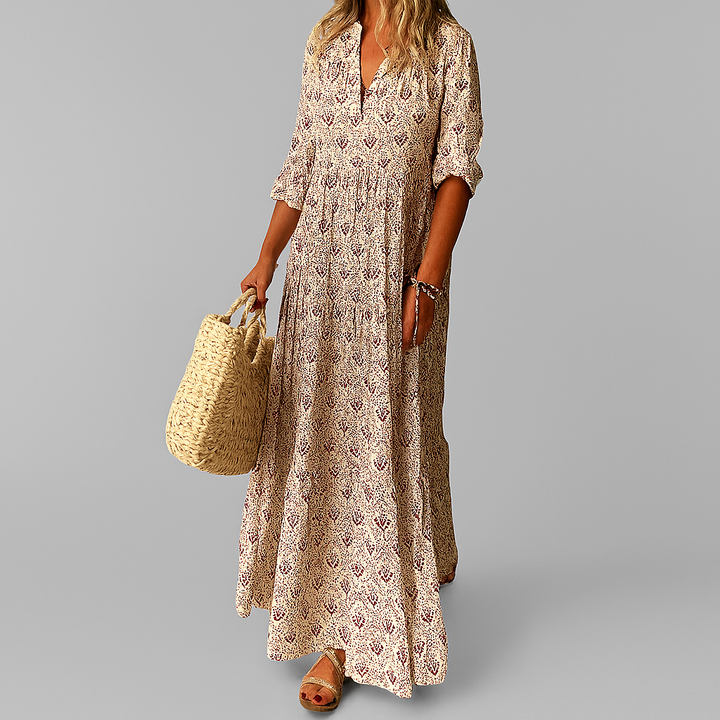 Abito lungo in cotone leggero con stampa vintage da donna