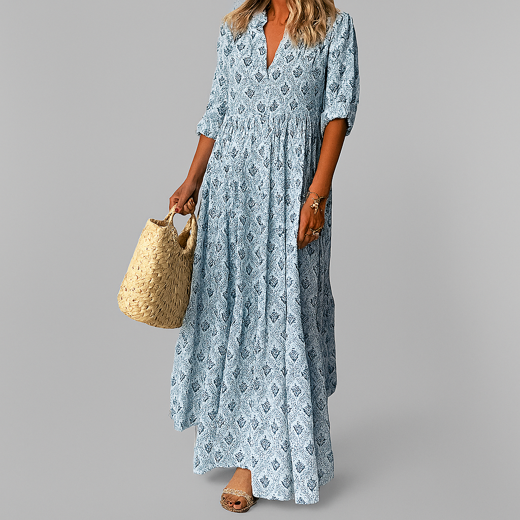 Abito lungo in cotone leggero con stampa vintage da donna