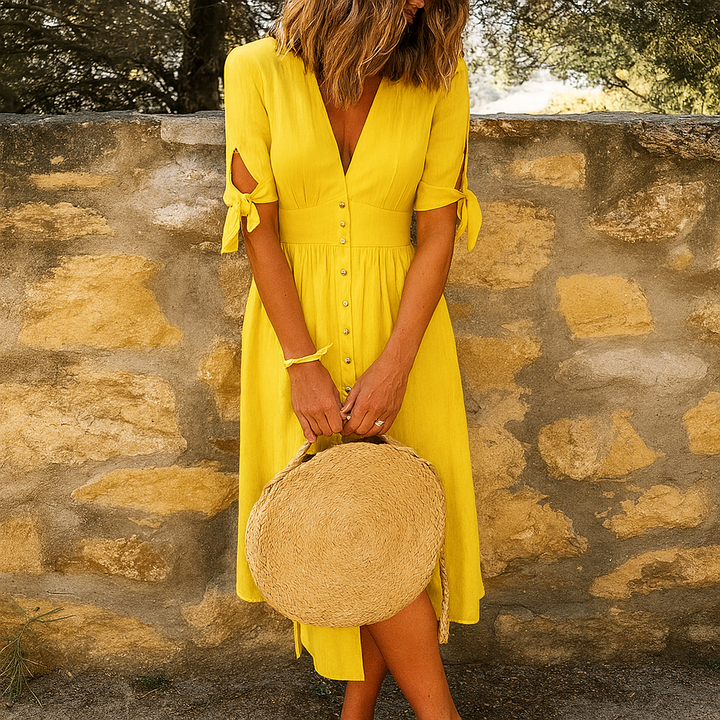 Abito midi traspirante con scollo a V e bottoni