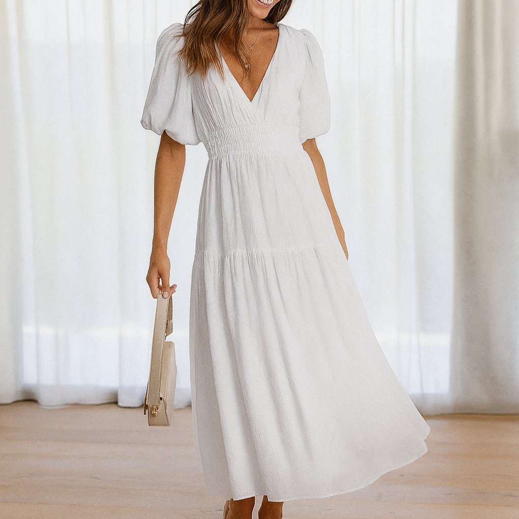 Abito midi da donna con scollo a V e vita elastica