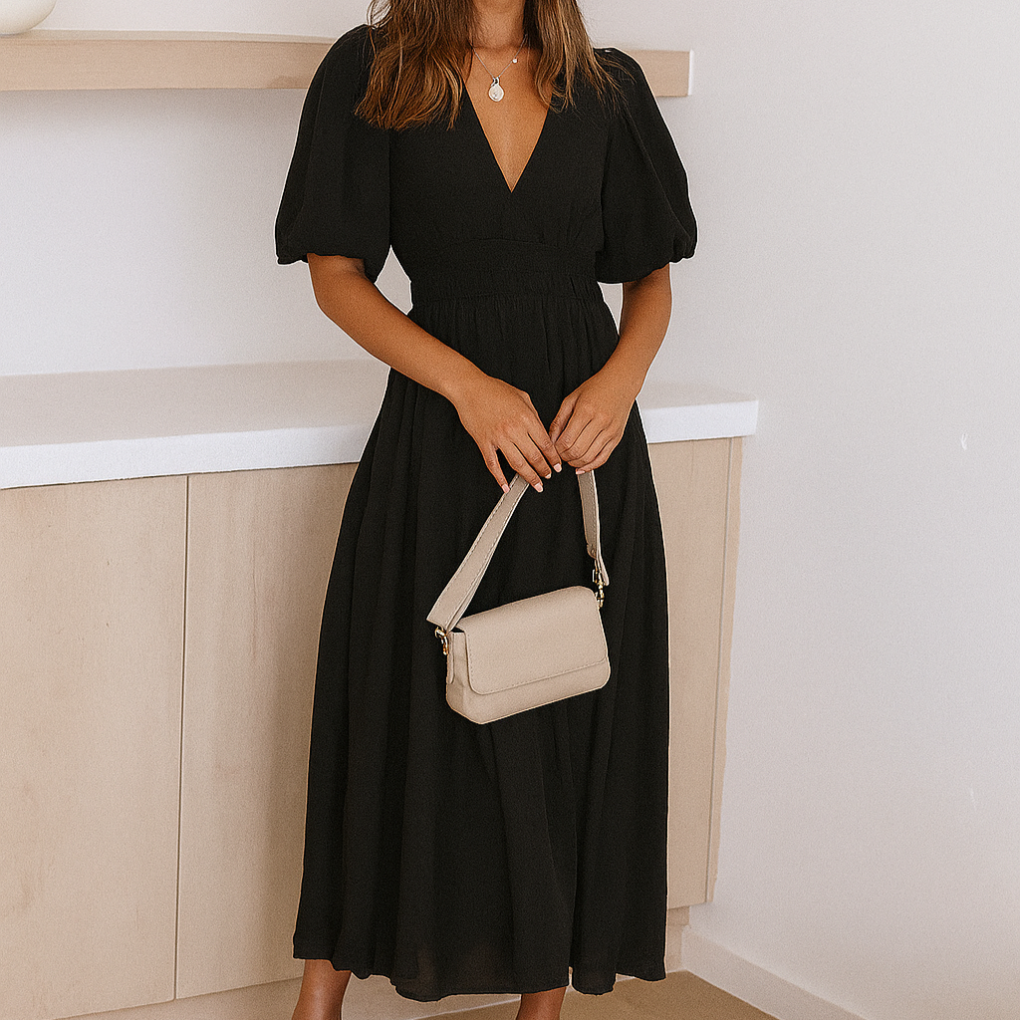 Abito midi da donna con scollo a V e vita elastica