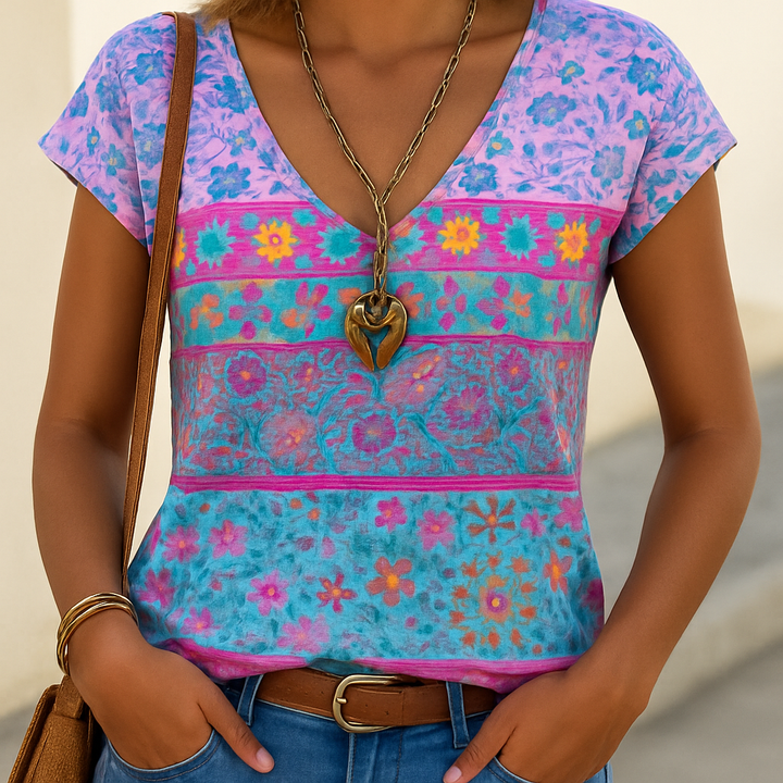 Maglietta donna con stampa floreale e scollo a V