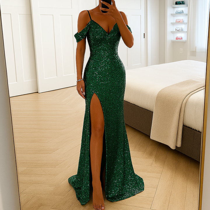 Elegante abito lungo con paillettes e spalle scoperte