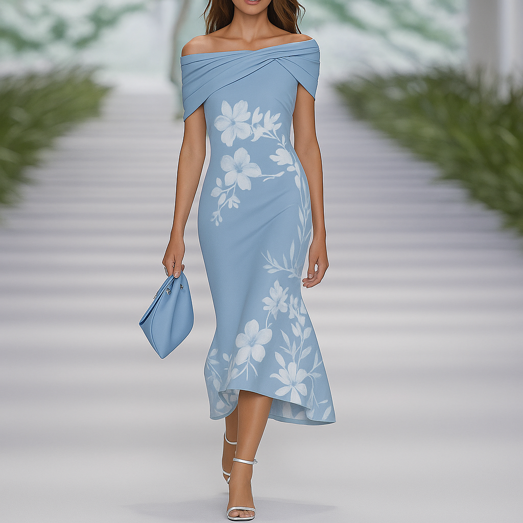Abito floreale drappeggiato con spalle scoperte