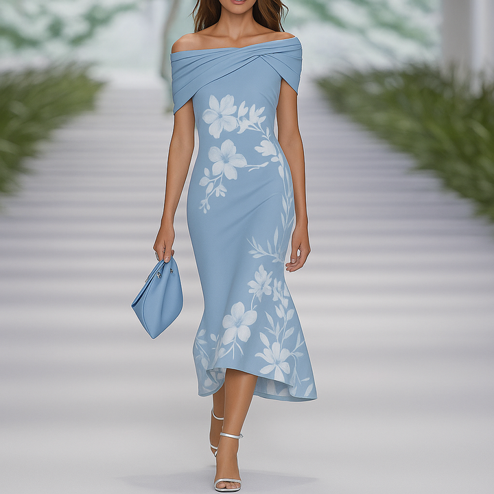 Abito floreale drappeggiato con spalle scoperte