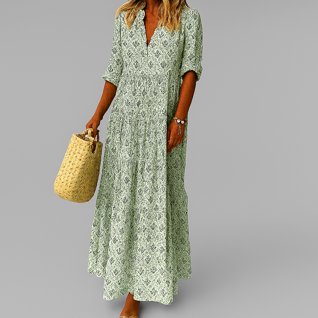 Abito lungo in cotone leggero con stampa vintage da donna