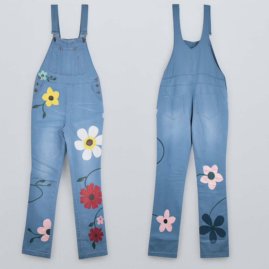 Tuta in denim con stampa floreale da donna