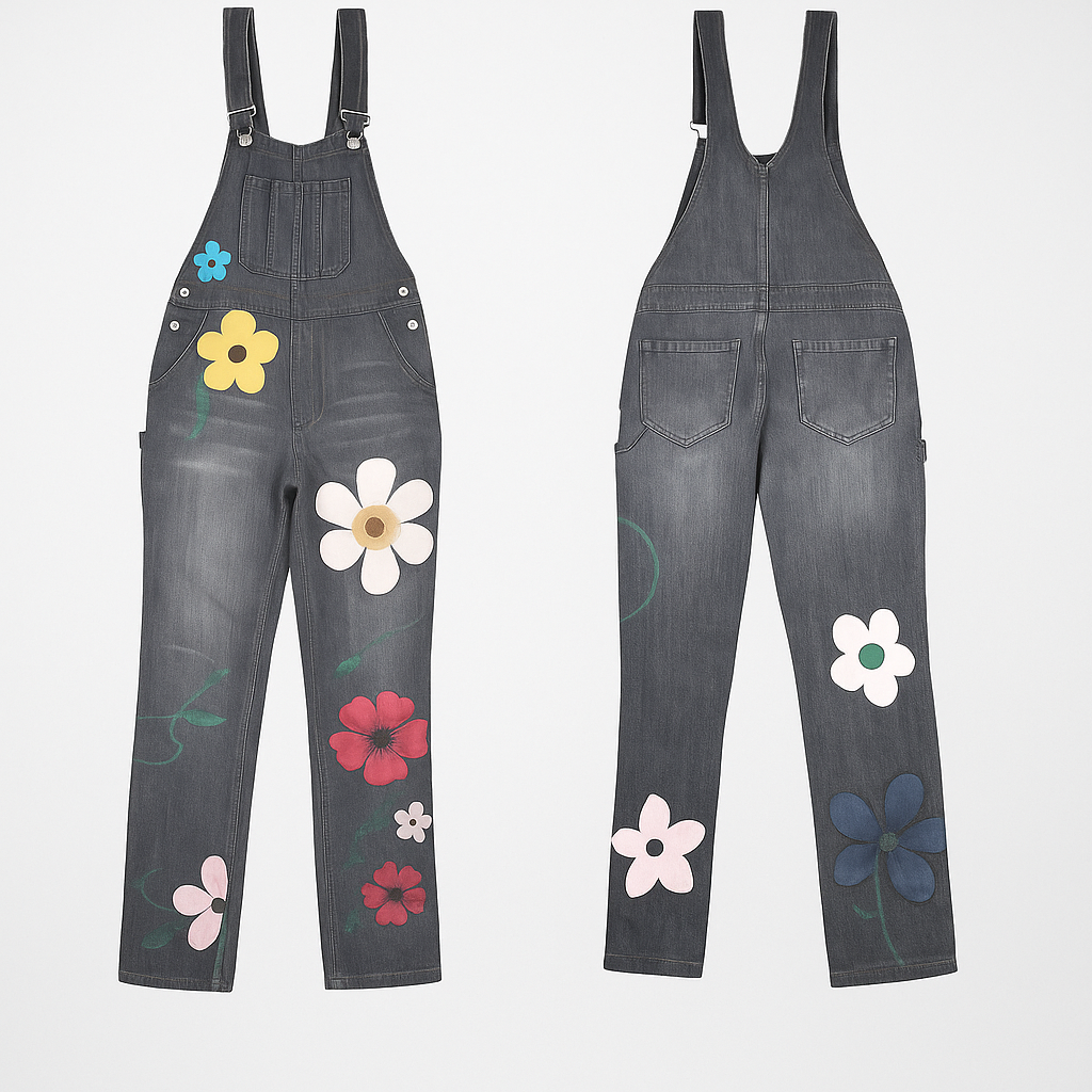 Tuta in denim con stampa floreale da donna