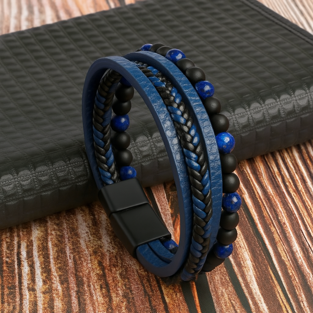 Bracciale da Uomo con Strati di Pelle e Perline di Pietra