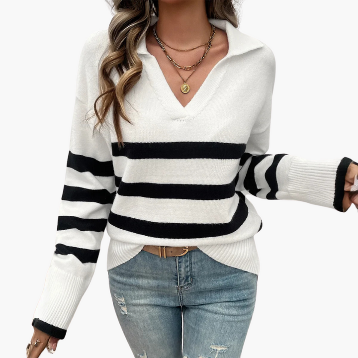 StripeEase - Maglione con Collo a V e Strisce