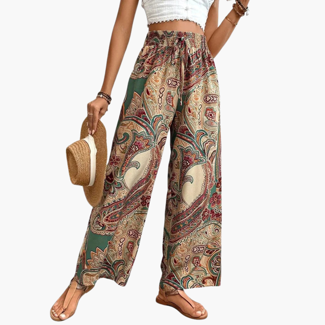 Paisleya - Pantaloni Palazzo con Vita Alta e Stampa Paisley