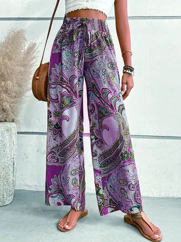 Paisleya - Pantaloni Palazzo con Vita Alta e Stampa Paisley