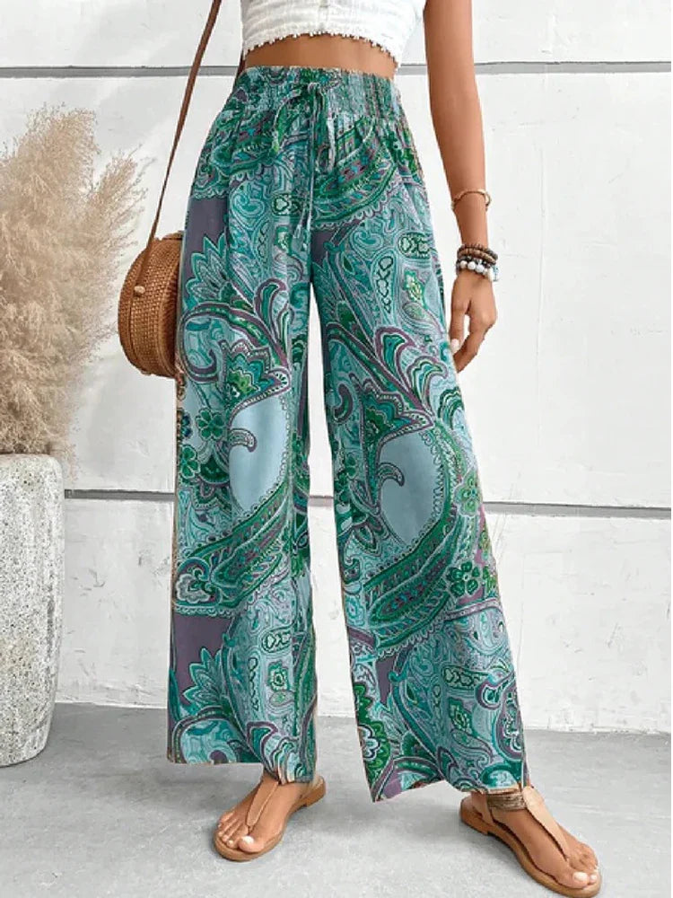 Paisleya - Pantaloni Palazzo con Vita Alta e Stampa Paisley