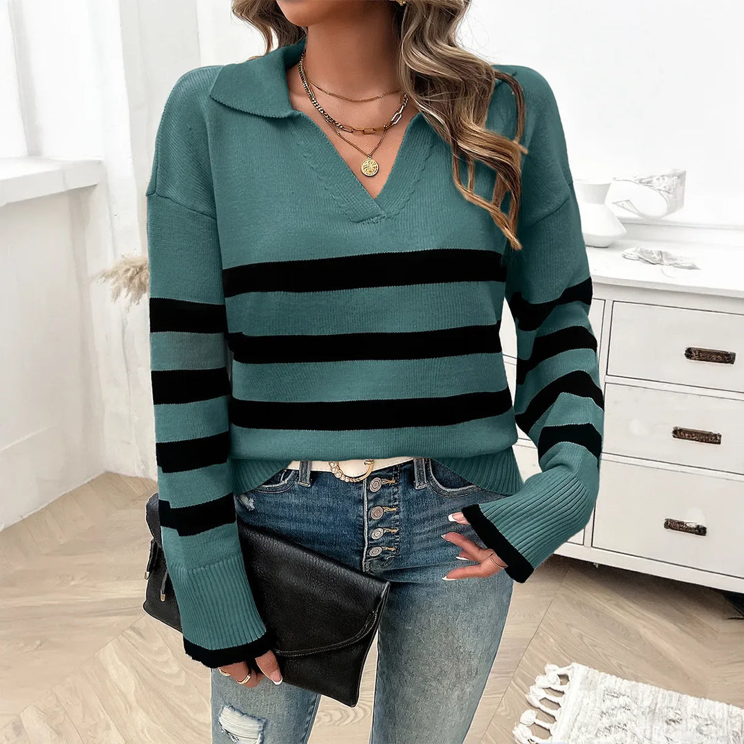 StripeEase - Maglione con Collo a V e Strisce