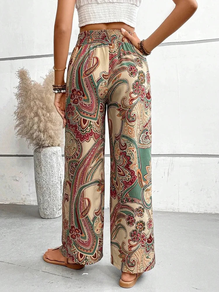 Paisleya - Pantaloni Palazzo con Vita Alta e Stampa Paisley