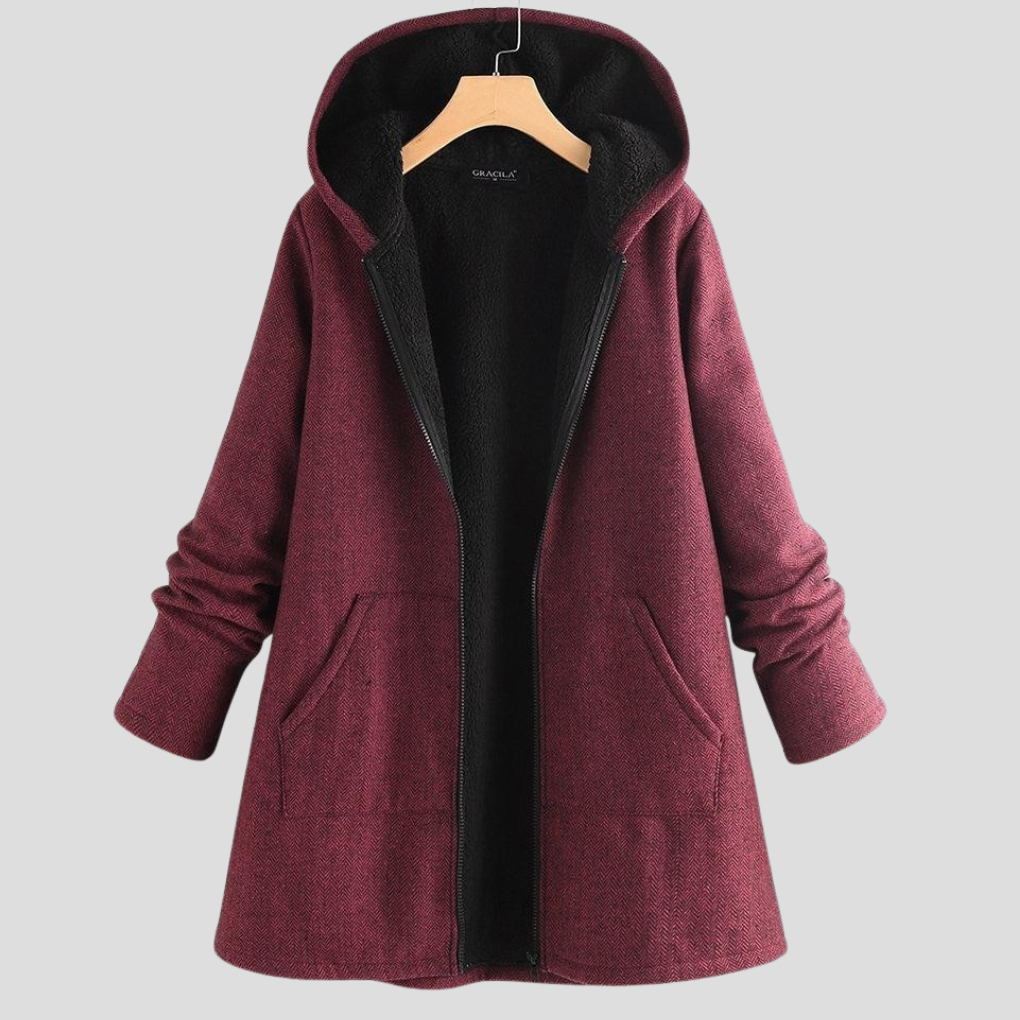 Cappotto con cappuccio in pile tinta unita da donna